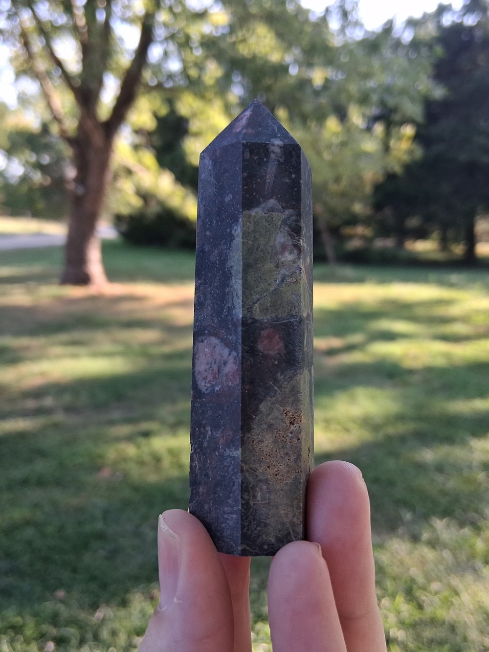 Dragon Blood Jasper Crystal Tower 3.68" Green Red Polished Stone Point